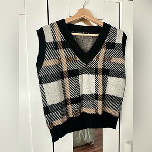 SHEIN Black Cream & Tan Plaid V-Neck Sweater Vest